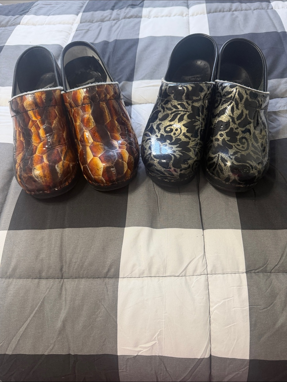 Two Pair Dansko Embossed Slip-On Clogs - Brown Snakeskin & Black Metallic Floral